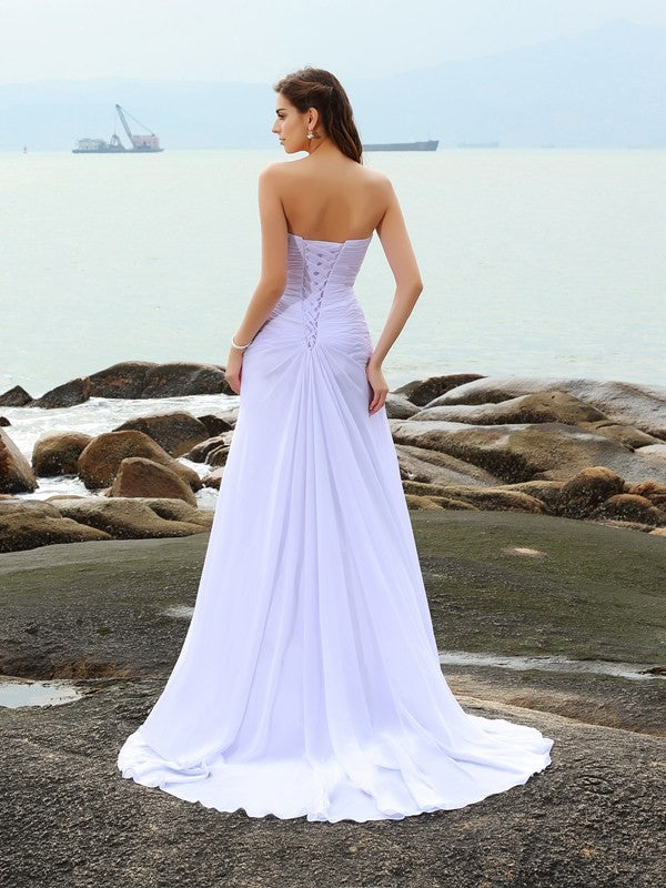 Sheath/Column Sweetheart Beading Sleeveless Long Chiffon Beach Wedding Dresses