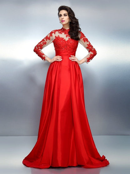 A-Line/Princess High Neck Applique Long Sleeves Long Satin Dresses