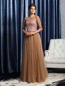 A-Line/Princess Scoop 3/4 Sleeves Long  Woven Satin Mother of the Bride Dresses