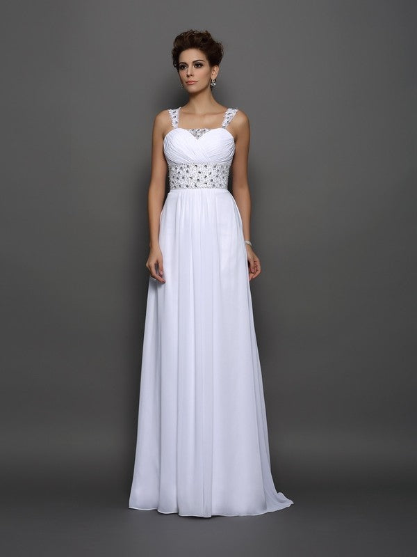 A-Line/Princess Straps Beading Sleeveless Long Chiffon Wedding Dresses