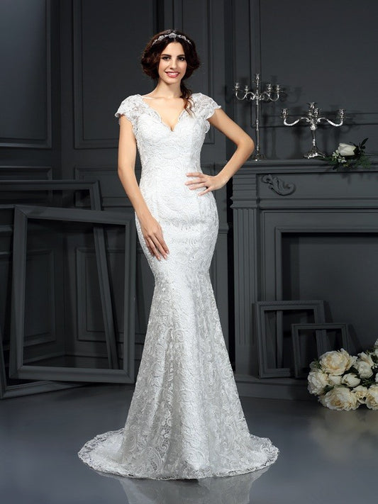 Trumpet/Mermaid V-neck Lace Sleeveless Long Lace Wedding Dresses #