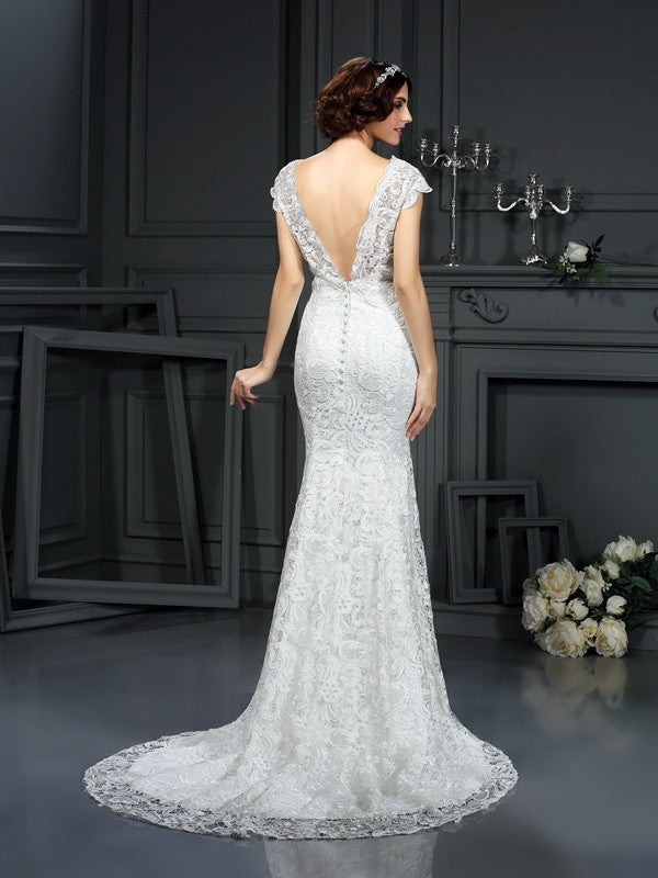 Trumpet/Mermaid V-neck Lace Sleeveless Long Lace Wedding Dresses #