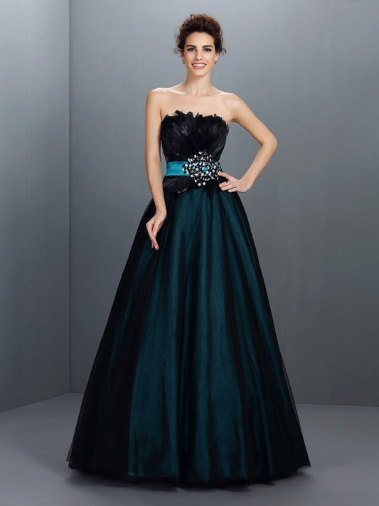 Ball Gown Strapless Feathers/Fur Sleeveless Long  Woven Satin Quinceanera Dresses