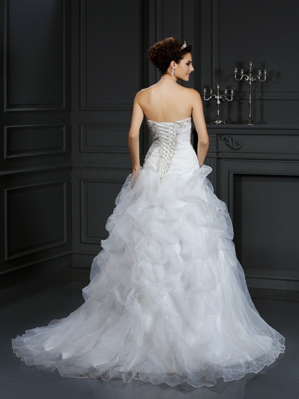 Ball Gown Strapless Beading Sleeveless Long Organza Wedding Dresses