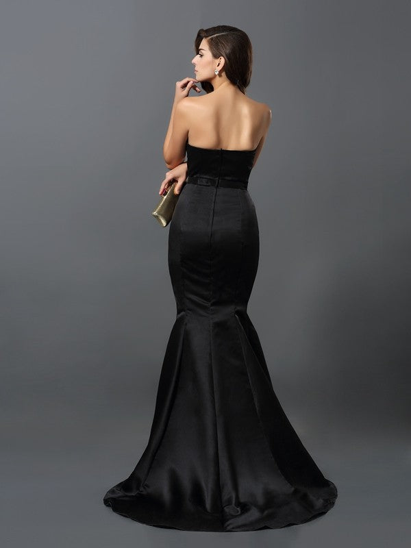 Sheath/Column Strapless Sash/Ribbon/Belt Sleeveless Long Satin Dresses