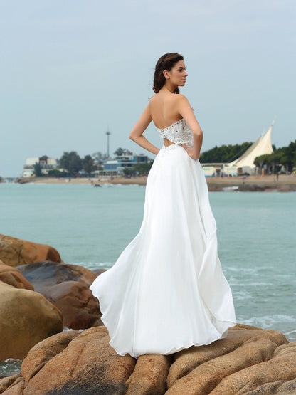 A-Line/Princess Sweetheart Beading Sleeveless Long Chiffon Beach Wedding Dresses