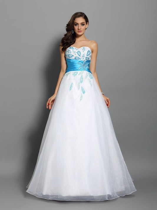 Ball Gown Sweetheart Beading Sleeveless Long Satin Quinceanera Dresses