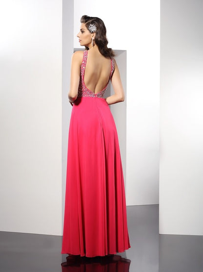 A-Line/Princess Scoop Beading Sleeveless Long Chiffon Dresses