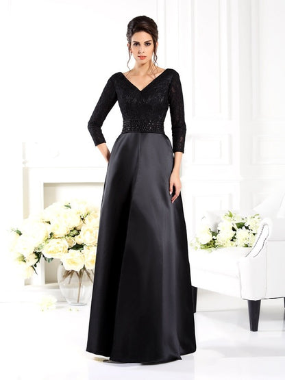 A-Line/Princess V-neck Beading 3/4 Sleeves Long Satin Mother of the Bride Dresses