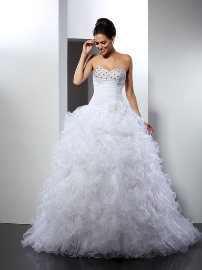 Ball Gown Sweetheart Beading Sleeveless Long Organza Wedding Dresses