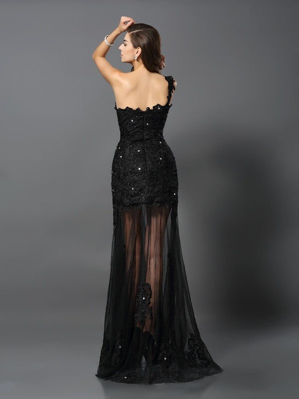 Sheath/Column One-Shoulder Applique Sleeveless Long Lace Dresses