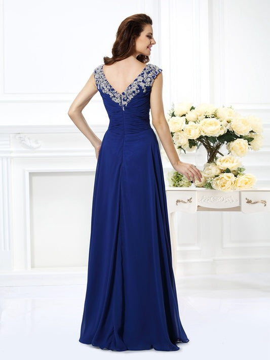 A-Line/Princess Scoop Beading Sleeveless Long Chiffon Dresses