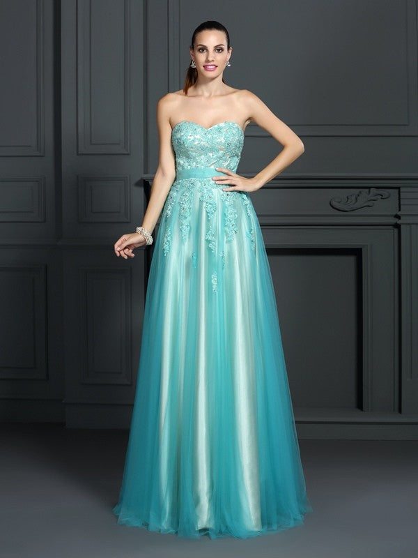 A-Line/Princess Sweetheart Applique Sleeveless Long  Woven Satin Dresses