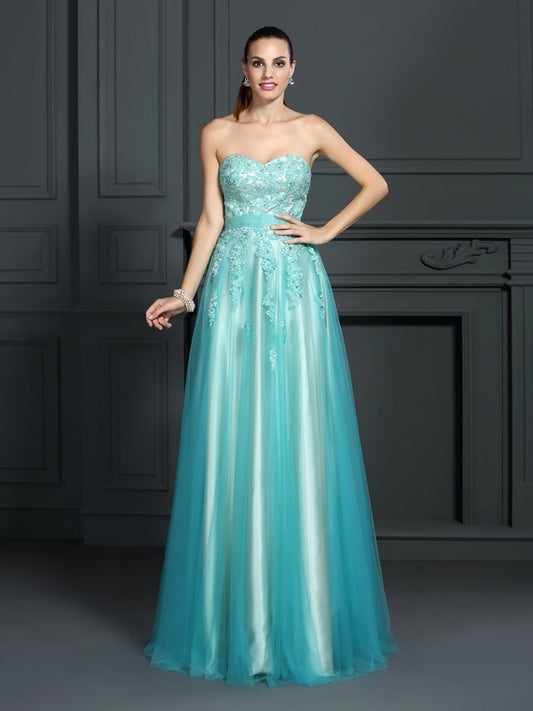 A-Line/Princess Sweetheart Applique Sleeveless Long  Woven Satin Dresses