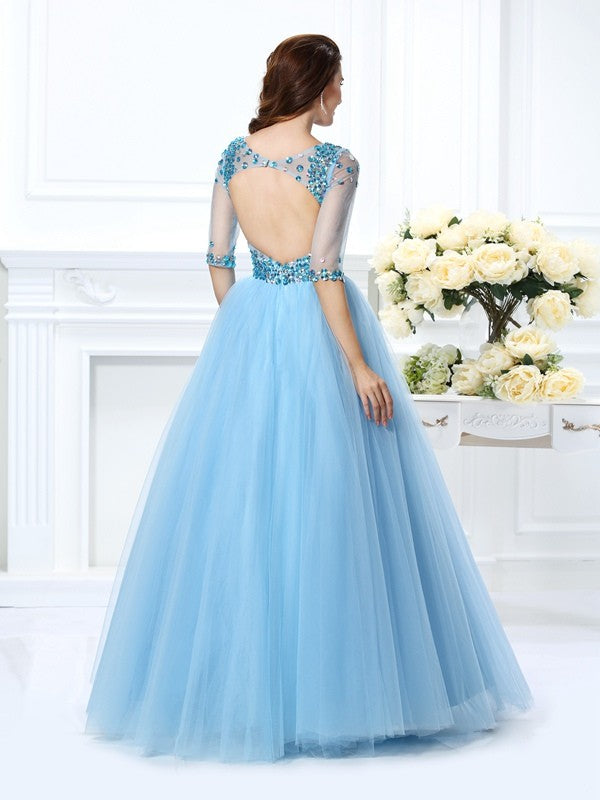 Ball Gown V-neck Beading 1/2 Sleeves Long Satin Quinceanera Dresses