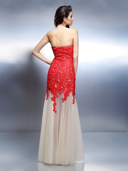 A-Line/Princess Sweetheart Applique Sleeveless Long Net Dresses