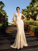 Sheath/Column High Neck Applique Sleeveless Long Chiffon Dresses