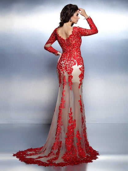 Trumpet/Mermaid V-neck Applique Long Sleeves Long Lace Dresses