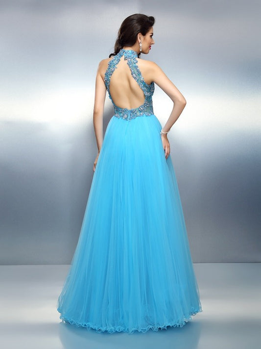 A-Line/Princess High Neck Beading Sleeveless Long Satin Dresses