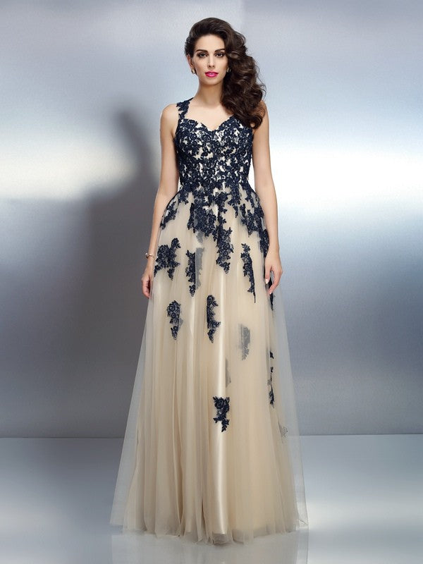 A-Line/Princess Straps Applique Sleeveless Long  Woven Satin Dresses