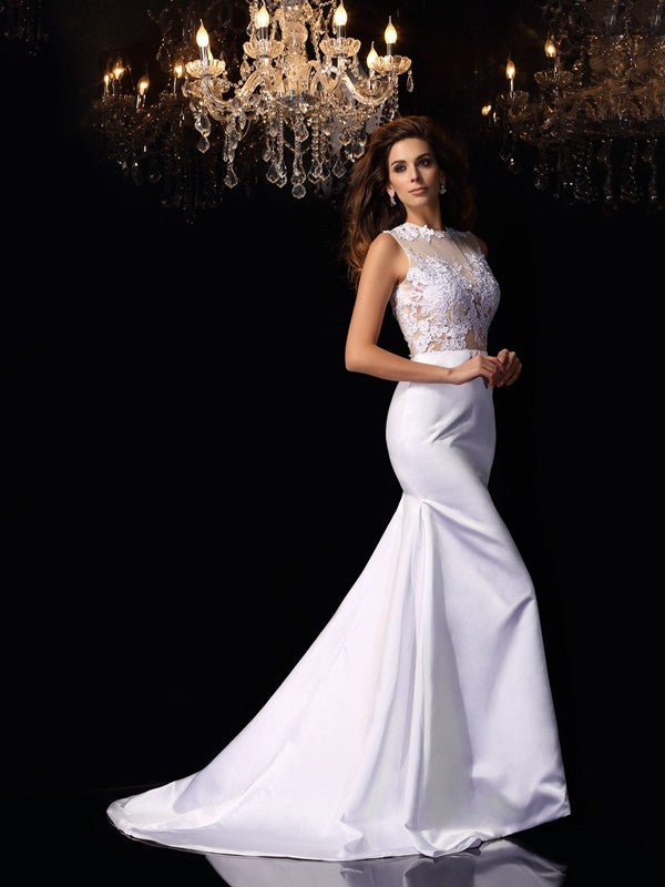 Trumpet/Mermaid High Neck Applique Sleeveless Long Satin Wedding Dresses