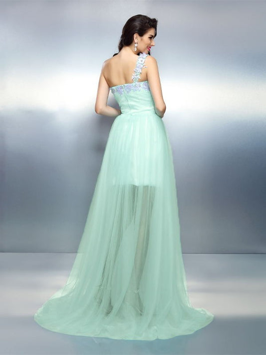 Sheath/Column One-Shoulder Applique Sleeveless Long  Woven Satin Dresses