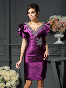 Sheath/Column V-neck Beading Sleeveless Short  Woven Satin Mother of the Bride Dresses