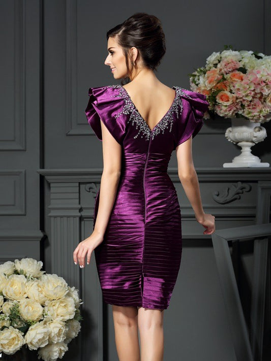 Sheath/Column V-neck Beading Sleeveless Short  Woven Satin Mother of the Bride Dresses