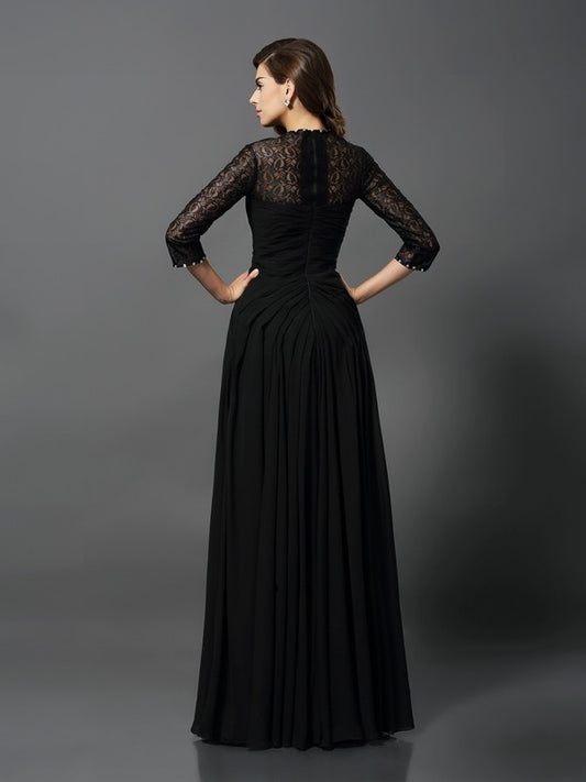 A-Line/Princess Bateau 3/4 Sleeves Long Lace Dresses