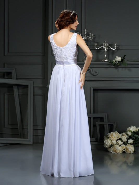 A-Line/Princess Scoop Lace Sleeveless Long Chiffon Wedding Dresses