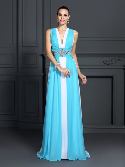 A-Line/Princess Halter Ruffles Sleeveless Long Chiffon Dresses