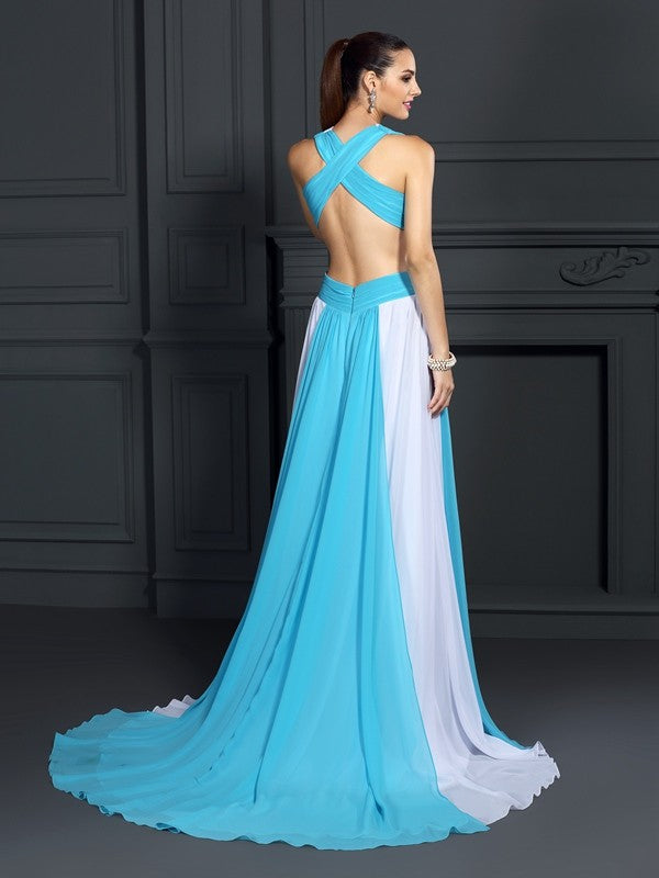 A-Line/Princess Halter Ruffles Sleeveless Long Chiffon Dresses