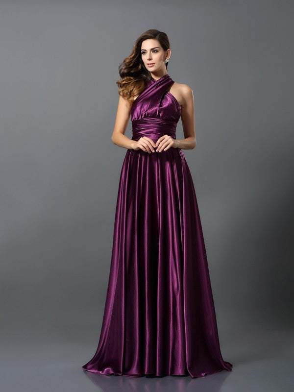 A-Line/Princess Pleats Sleeveless Long Silk like Satin Convertible Bridesmaid Dresses