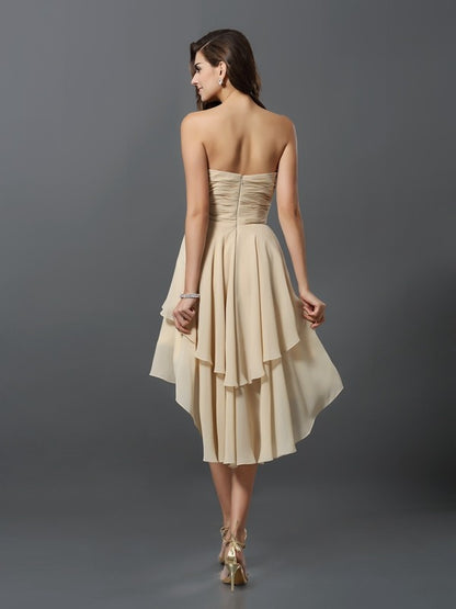 A-Line/Princess Sweetheart Hand-Made Flower Sleeveless High Low Chiffon Bridesmaid Dresses