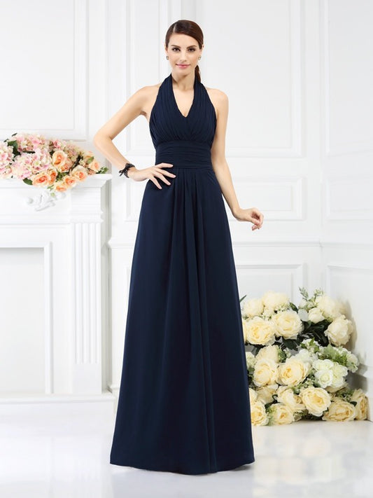 A-Line/Princess Halter Pleats Sleeveless Long Chiffon Bridesmaid Dresses