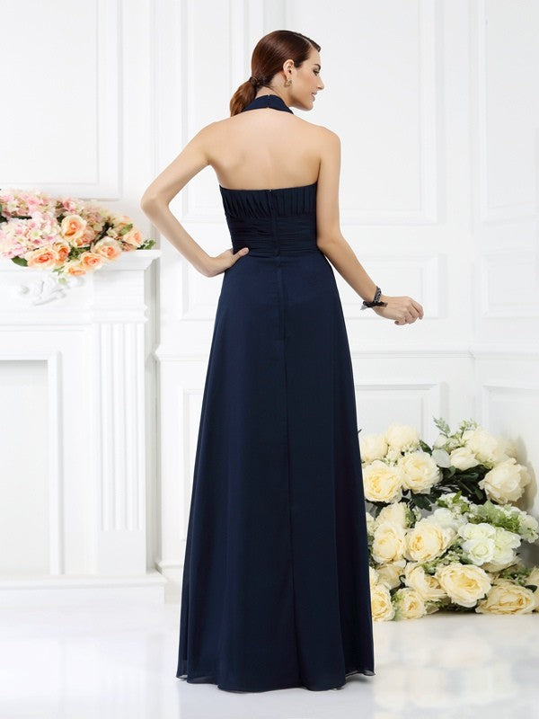 A-Line/Princess Halter Pleats Sleeveless Long Chiffon Bridesmaid Dresses