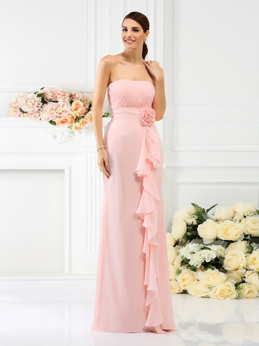 Sheath/Column Strapless Hand-Made Flower Sleeveless Long Chiffon Bridesmaid Dresses