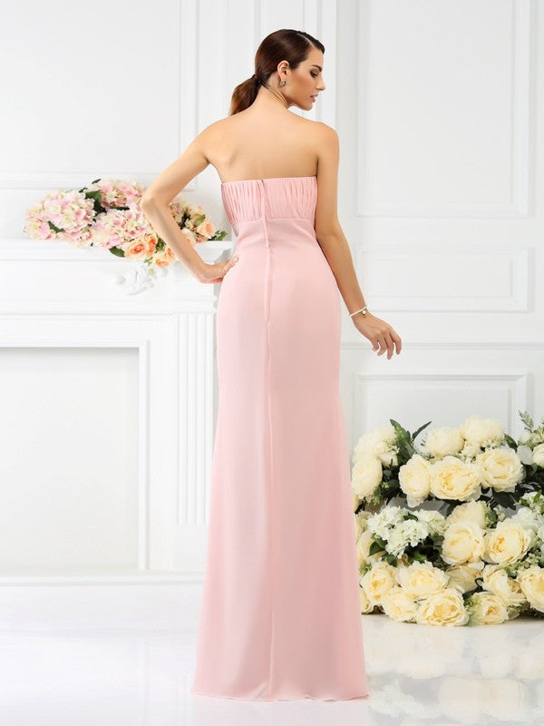 Sheath/Column Strapless Hand-Made Flower Sleeveless Long Chiffon Bridesmaid Dresses