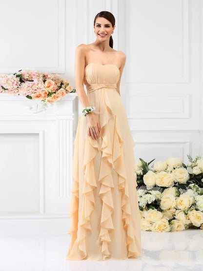 A-Line/Princess Strapless Pleats Sleeveless Long Chiffon Bridesmaid Dresses