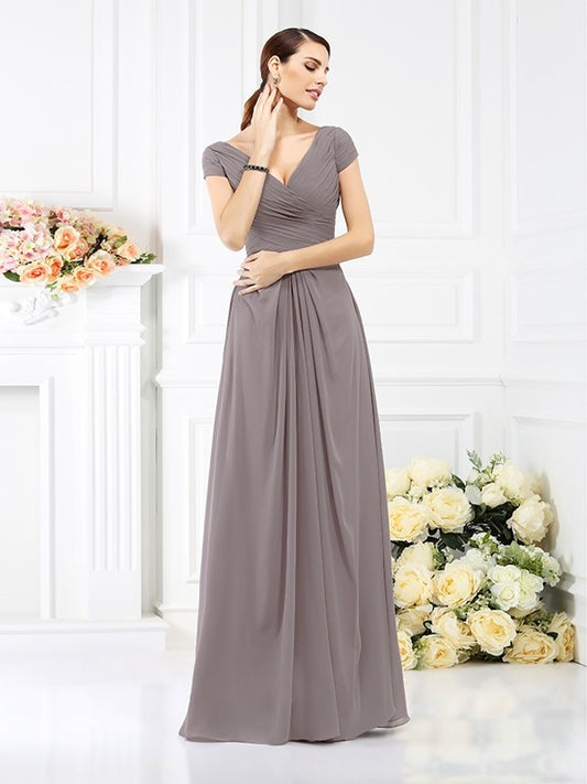 A-Line/Princess V-neck Pleats Short Sleeves Long Chiffon Bridesmaid Dresses