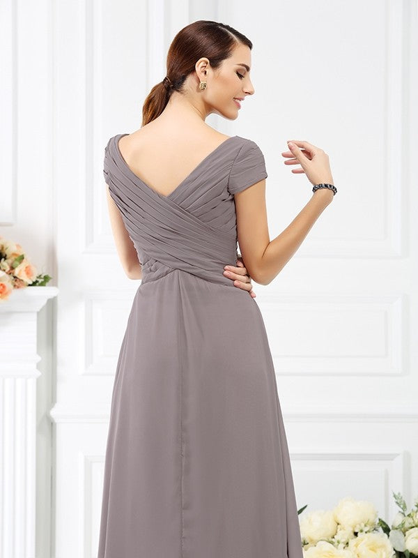 A-Line/Princess V-neck Pleats Short Sleeves Long Chiffon Bridesmaid Dresses