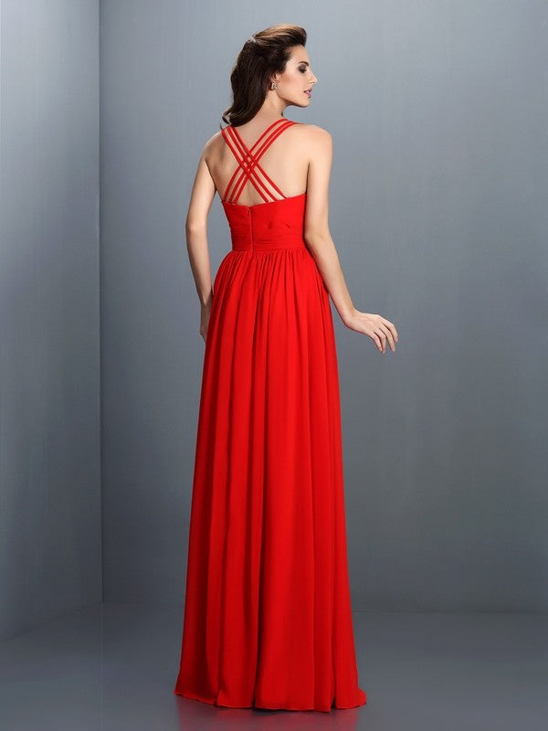 A-Line/Princess V-neck Pleats Sleeveless Long Chiffon Bridesmaid Dresses