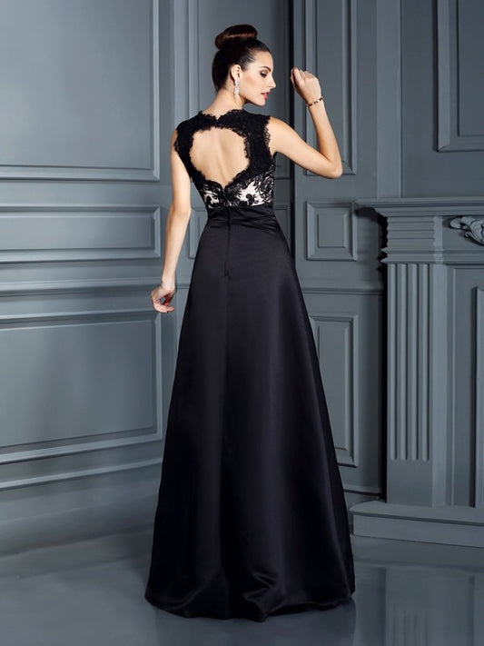 A-Line/Princess Straps Lace Sleeveless Long Satin Dresses