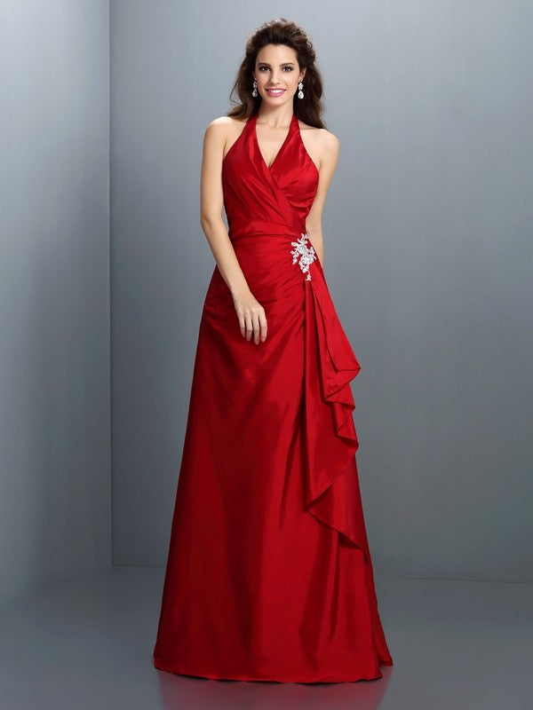 A-Line/Princess Halter Beading Sleeveless Long Taffeta Dresses