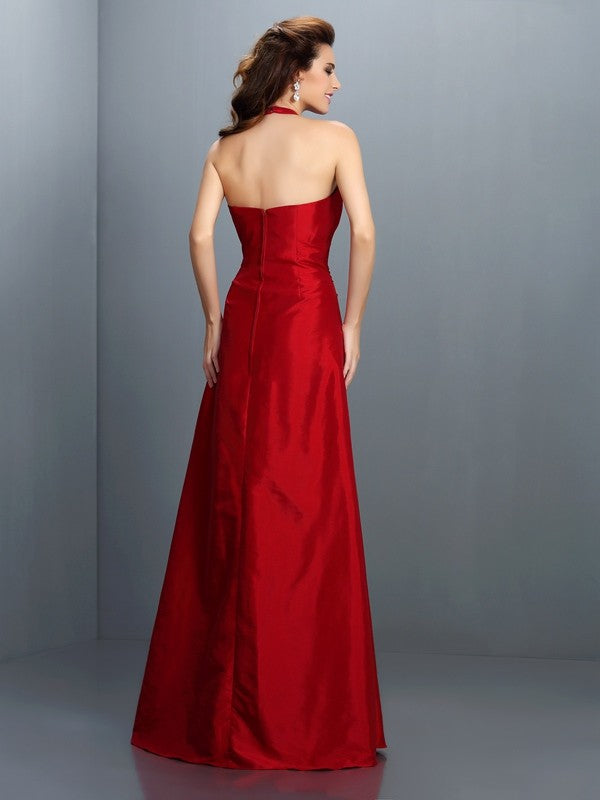 A-Line/Princess Halter Beading Sleeveless Long Taffeta Dresses