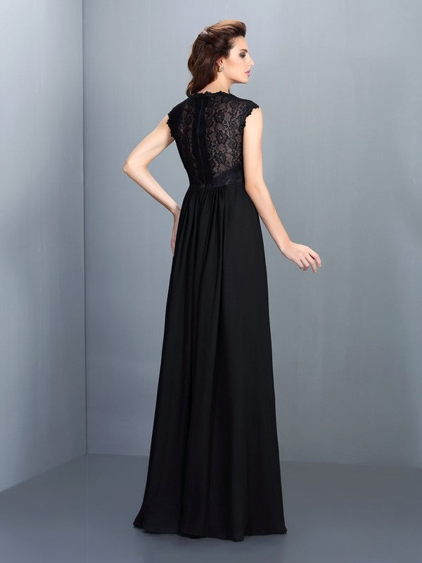 A-Line/Princess Scoop Lace Sleeveless Long Chiffon Bridesmaid Dresses