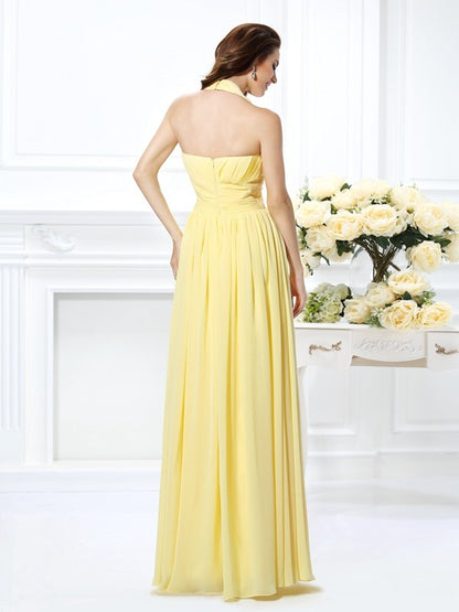 A-Line/Princess Halter Pleats Sleeveless Long Chiffon Bridesmaid Dresses