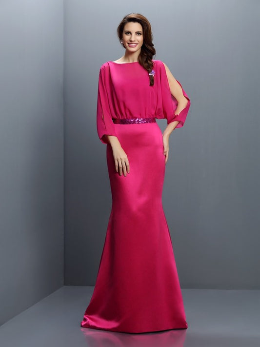 Trumpet/Mermaid Bateau Sash/Ribbon/Belt Long Sleeves Long Chiffon Bridesmaid Dresses