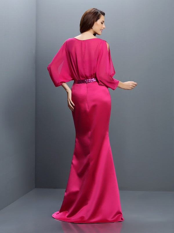 Trumpet/Mermaid Bateau Sash/Ribbon/Belt Long Sleeves Long Chiffon Bridesmaid Dresses