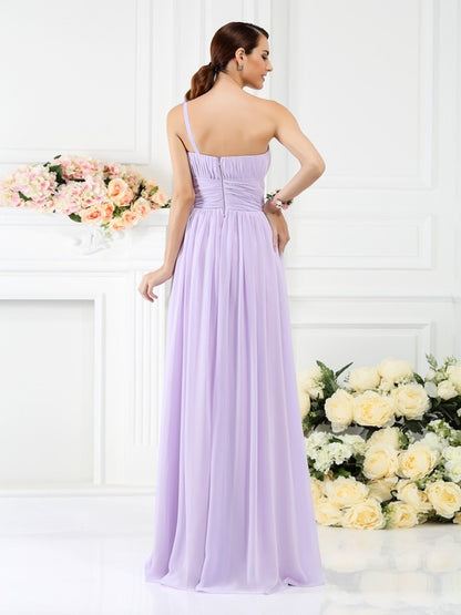 A-Line/Princess One-Shoulder Pleats Hand-Made Flower Sleeveless Long Chiffon Bridesmaid Dresses